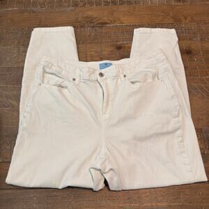 CeCe Womens Size 14W White Denim Jeans Pearl Rhinestone Button Ankle Hem Stretch